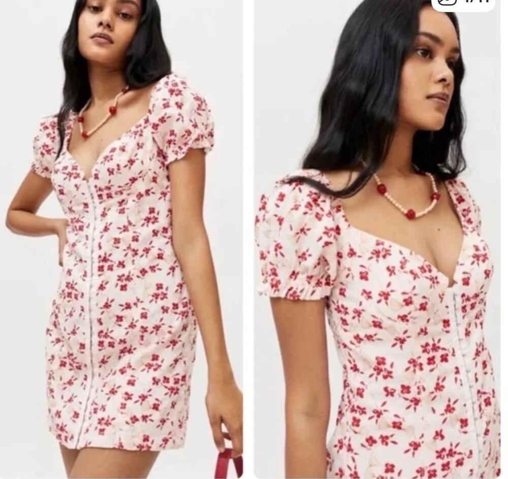 Urban Outfitters Britney Hook & Eye Mini Dress Cherry Blossom Y2K Puff Sleeve SP